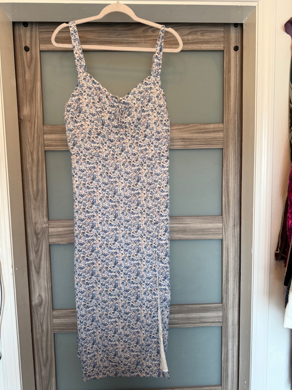Floral Blue Midi Slip Dress with Adjustable Spaghetti Straps